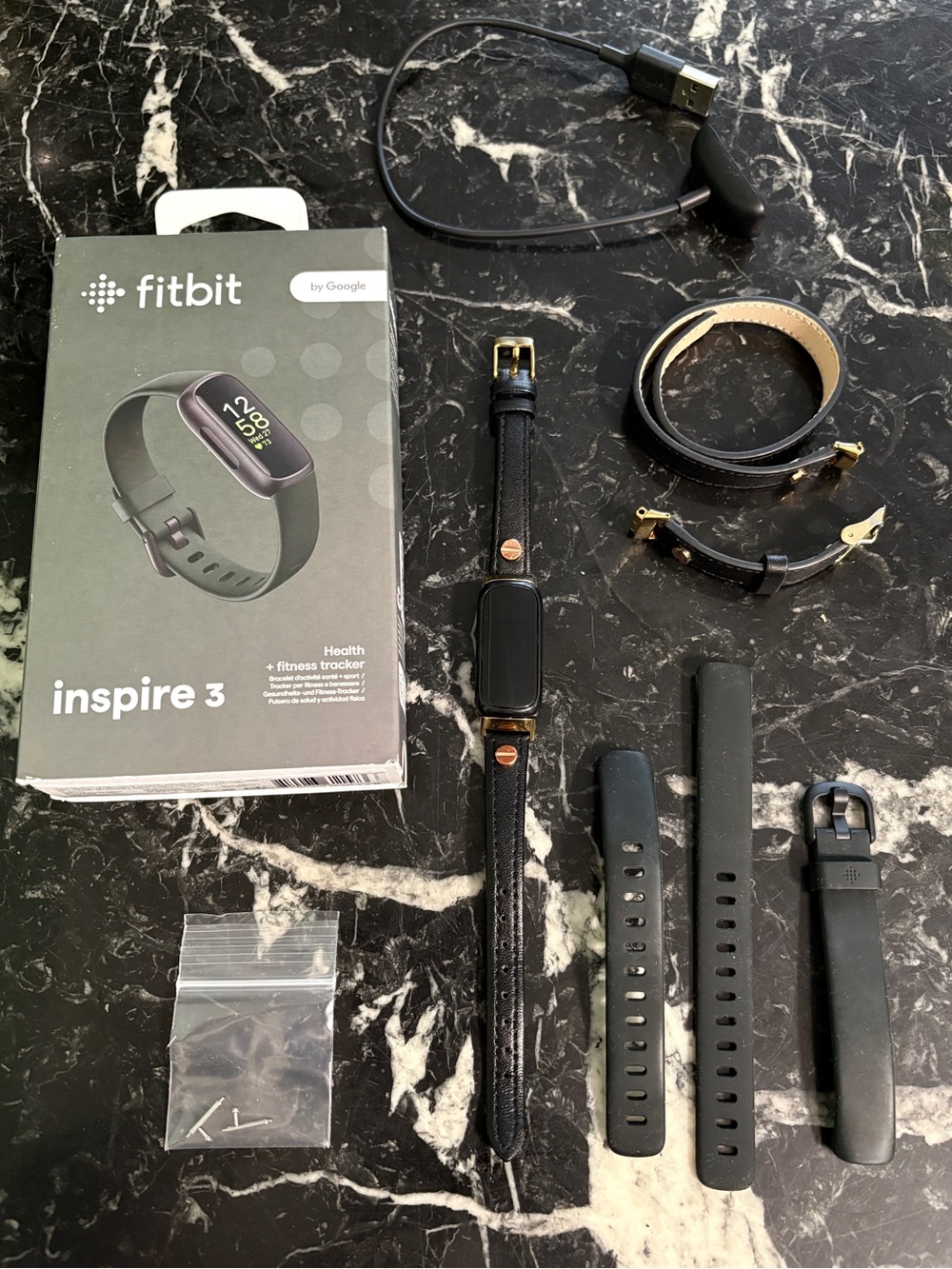Fitbit Inspire 3 Leather & Gold Bands Bundle with Box